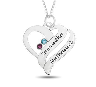 Personalised Sterling Silver Double Name & Birthstone Heart Pendant