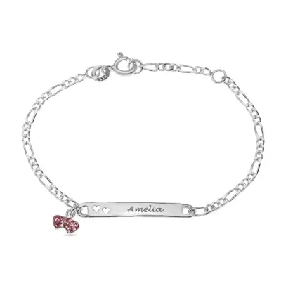 Personalised Sterling Silver Girls Figaro ID Bracelet with Heart Pink CZ Charm