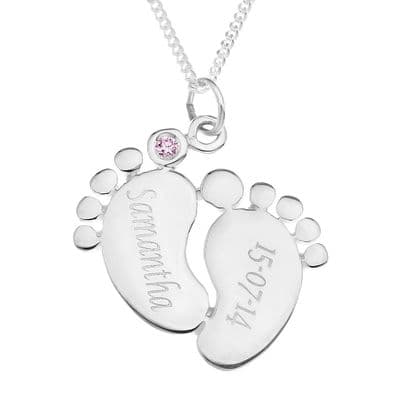 Personalised Sterling Silver Pink or Blue Cubic Zirconia Baby Feet Pendant