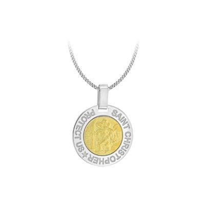 Sterling Silver 2 Tone St Christopher Round Pendant