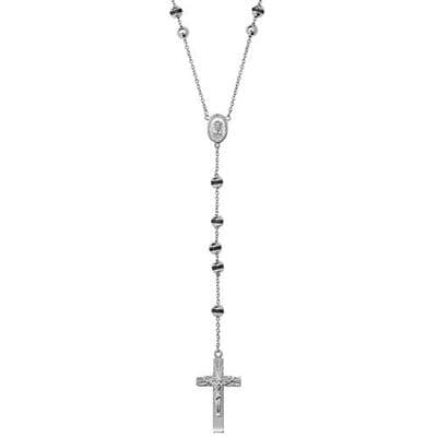 Sterling Silver 26 Inch Black CZ Rosary Bead Cross Necklace