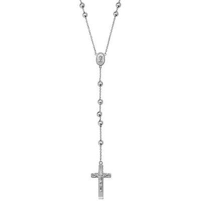 Sterling Silver 26 Inch White CZ Rosary Bead Cross Necklace
