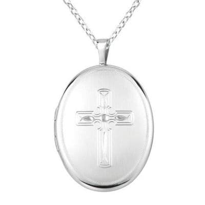 Sterling Silver 30mm Engraved Cross Oval Locket