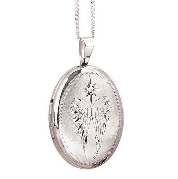 Sterling Silver Angel Wing Diamond Oval Locket