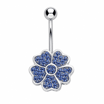 Sterling Silver Blue Crystal Flower Belly Bar