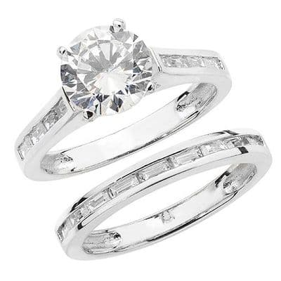 Sterling Silver Cubic Zirconia Solitaire Shoulder Bridal Set