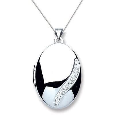 Sterling Silver Cubic Zirconia Wave Design Oval Locket