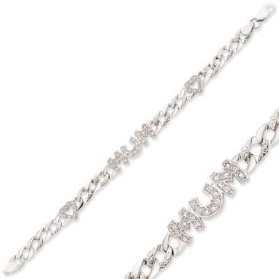 Sterling Silver CZ Mum & Heart Curb Bracelet