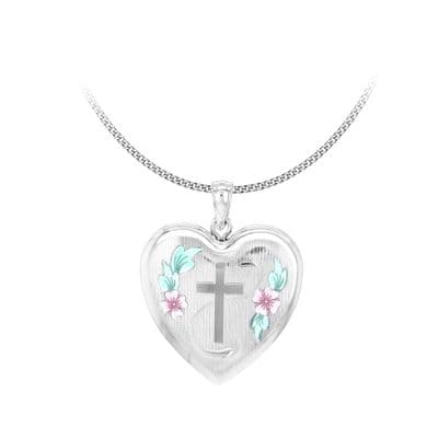 Sterling Silver Etched Cross & Rose Heart Family Locket