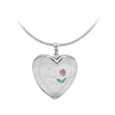 Sterling Silver Etched 'I Love You' Rose Heart Family Locket