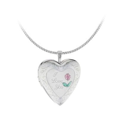 Sterling Silver Etched 'I Love You' Rose Heart Locket