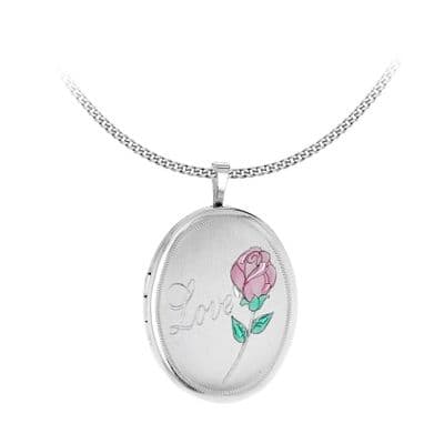 Sterling Silver Etched 'Love' & Rose Oval Locket