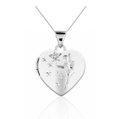 Sterling Silver Fairy & Stars Diamond Set Heart Shaped Locket