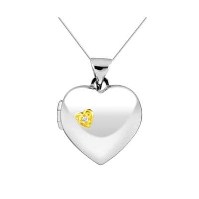 Sterling Silver Gold Heart Diamond Set Heart Shaped Locket