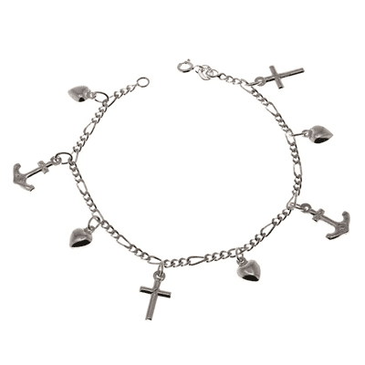 Sterling Silver Heart Cross Anchor Charms Bracelet
