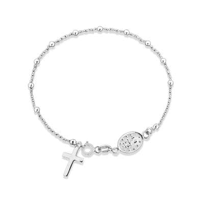 Sterling Silver Ladies 7 inch Rosary Bead Cross Bracelet