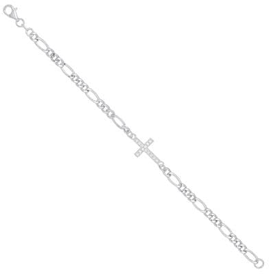 Sterling Silver Ladies Figaro Chain Cross Bracelet