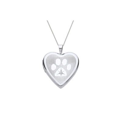 Sterling Silver Pets Paw Print Diamond Set Heart Locket