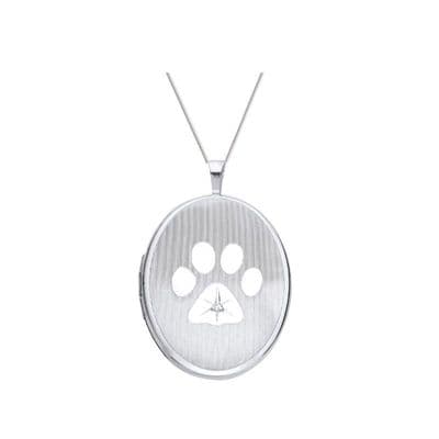 Sterling Silver Pets Paw Print Diamond Set Oval Locket