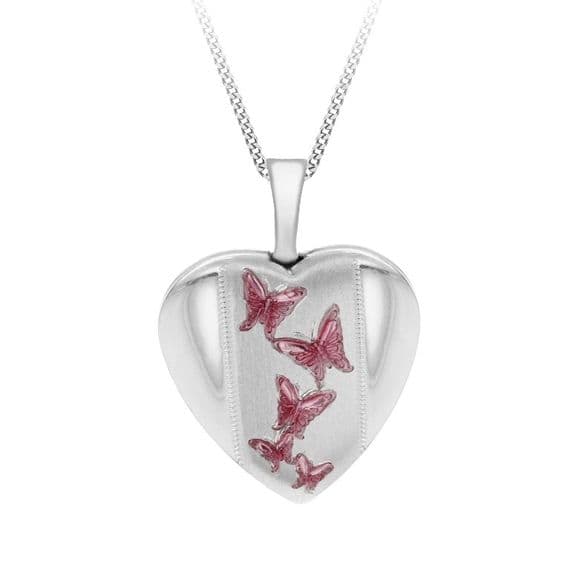 Sterling Silver Pink Etched Butterfly Detail Heart Locket