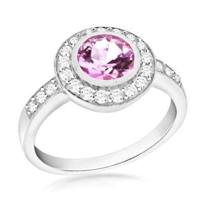 Sterling Silver Pink & White CZ Halo Shoulder Set Ring