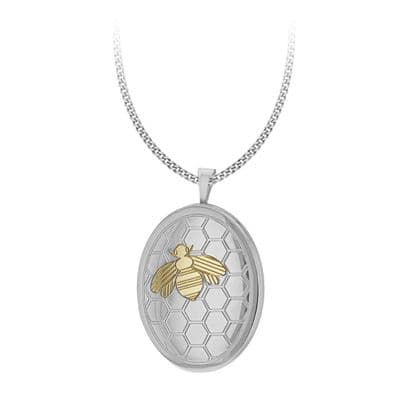 Sterling Silver Polished & Satin Honeycomb & Bee Oval Locket