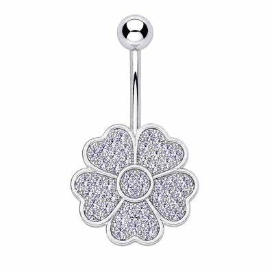 Sterling Silver Purple Crystal Flower Belly Bar
