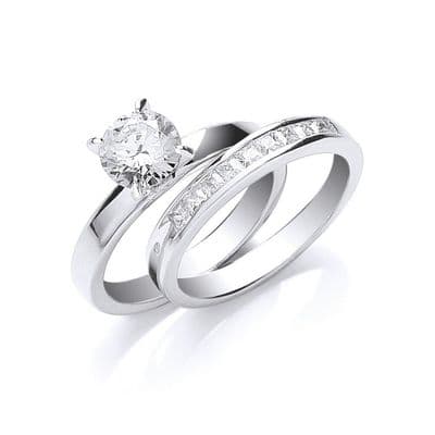 Sterling Silver Round & Princess Cubic Zirconia Bridal Set