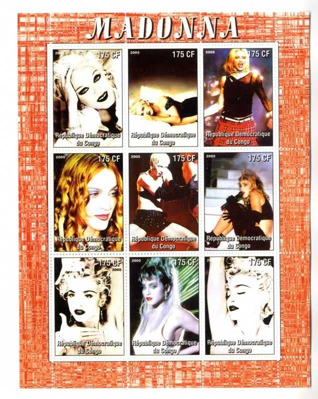 MADONNA STAMP SHEET - SET of 9 CONGO POSTAGE STAMPS