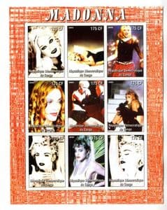 MADONNA STAMP SHEET - SET of 9 CONGO POSTAGE STAMPS