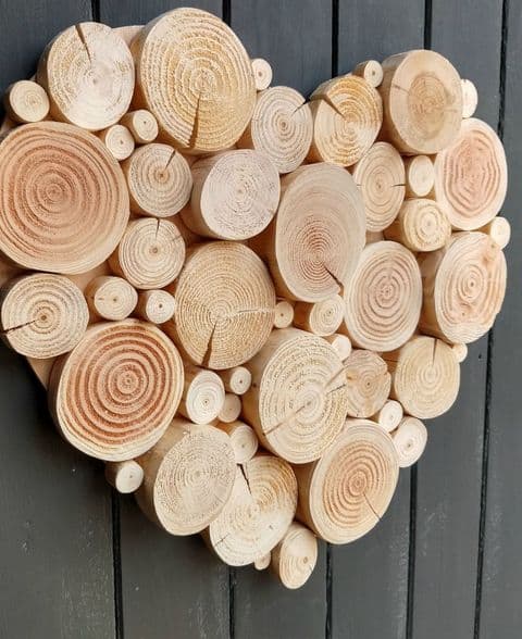 Log Wall Art - HEART MOSAIC in NATURAL WOOD