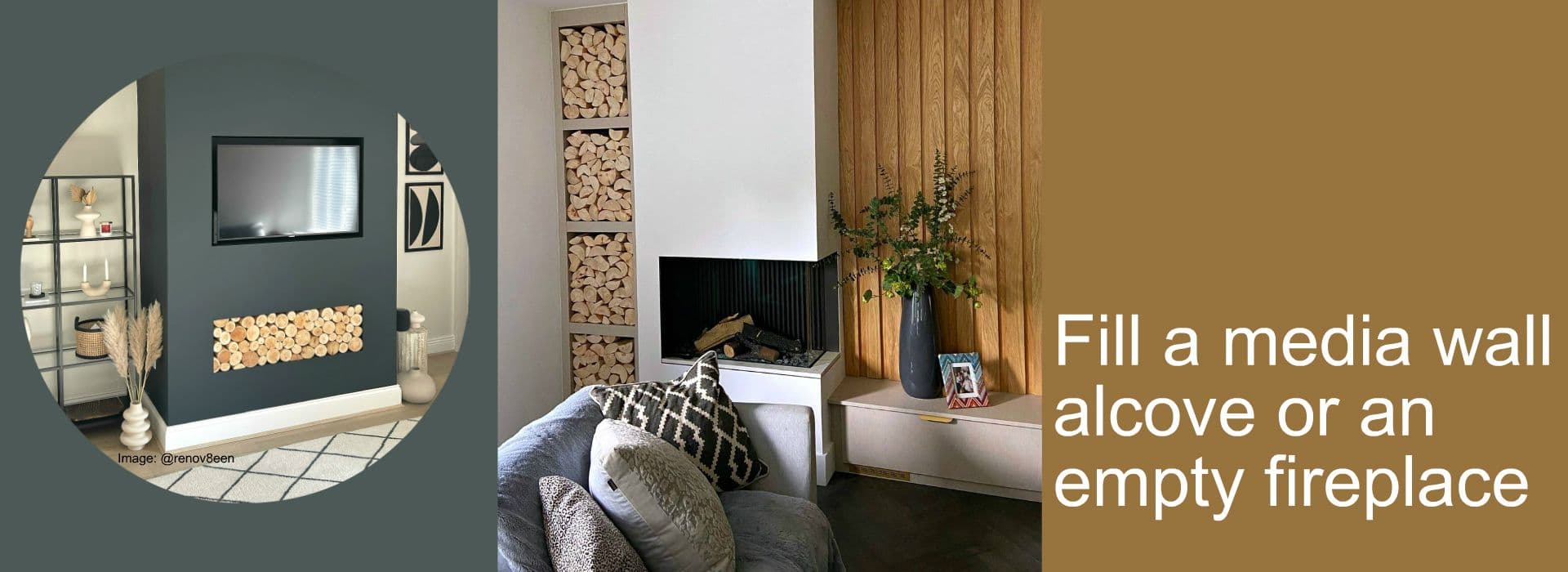 Real wood neat clean round or rustic split decorative logs for empty alcoves in a media wall or unused fireplaces from The Log Basket