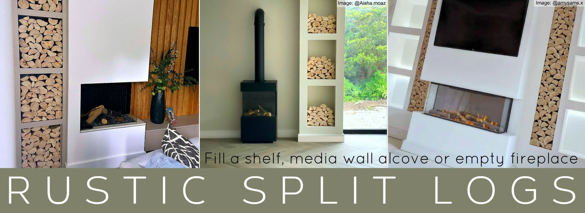 Stylish rustic style decorative Split Logs for a shelf space, media wall alcove or unused fireplace, from The Log Basket
