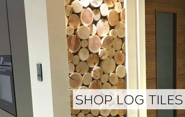 Log Wall Tiles from The Log Basket to fill a shallow fireplace, recess or alcove, or cover a wall or create art panels.