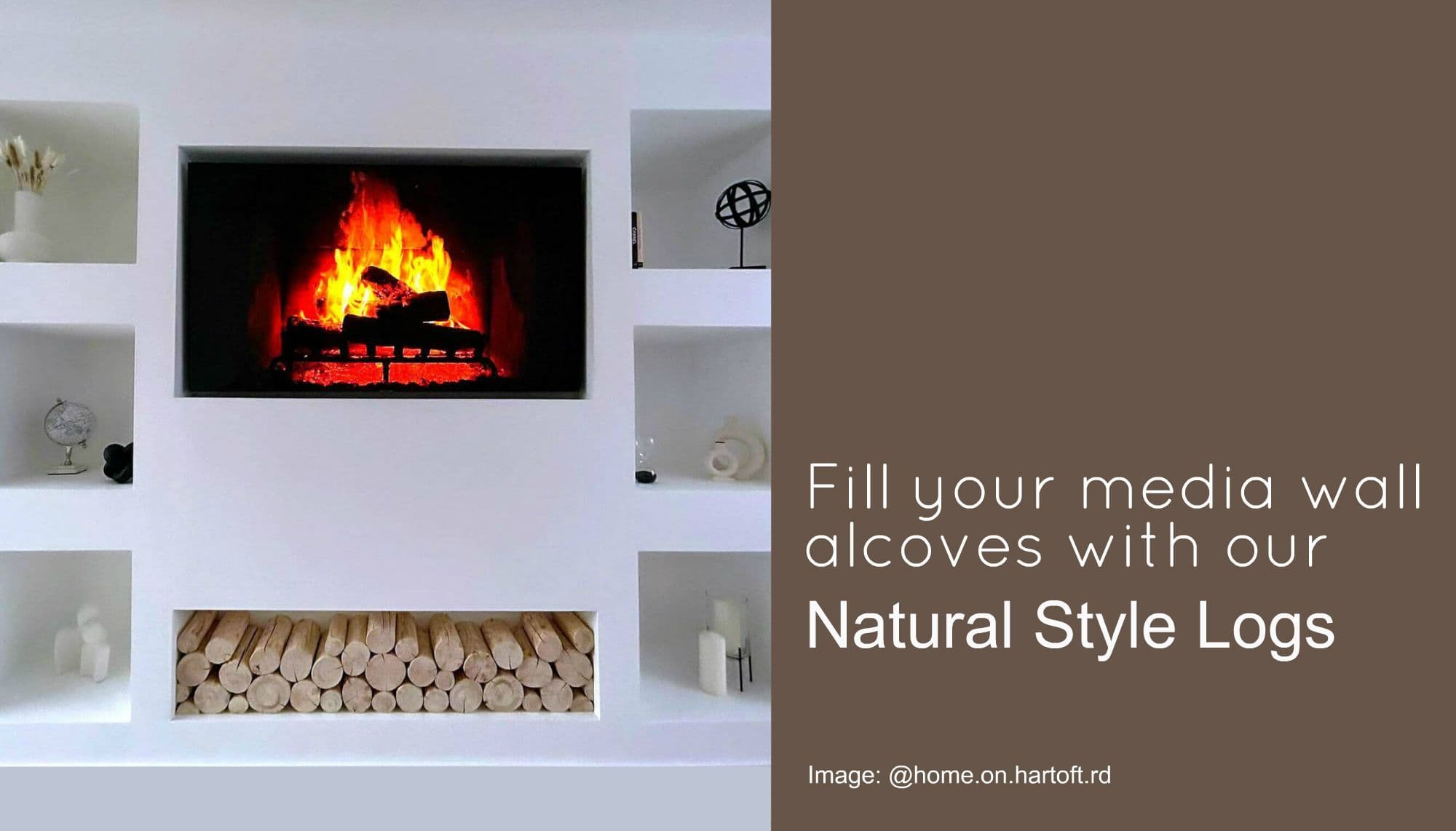 A media wall alcove filled with a stack of neat real wood decorative logs from The Log Basket
