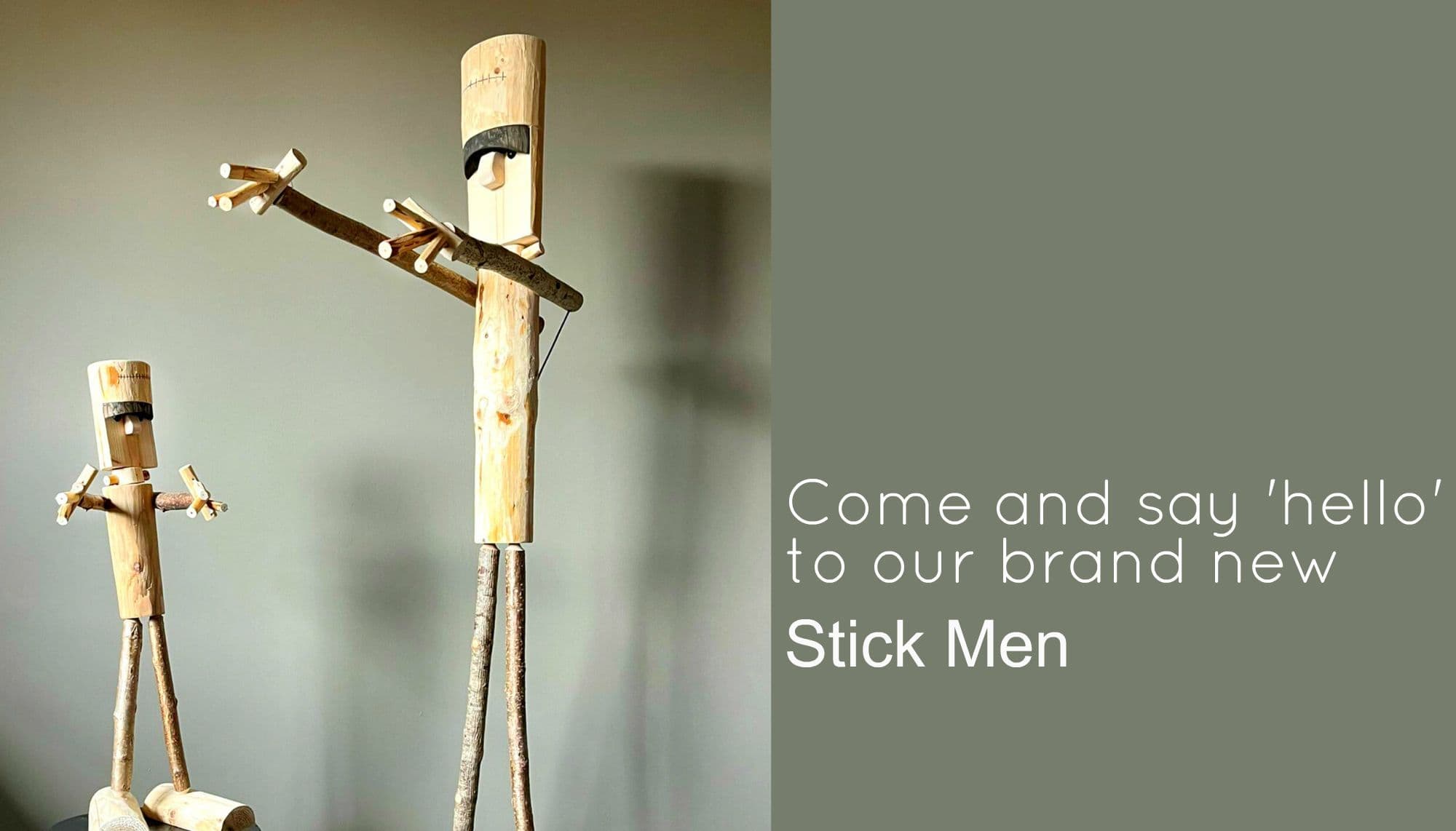 Cute rustic stick men characters by The Log Basket in various sizes unique home decor for Halloween or gift giving