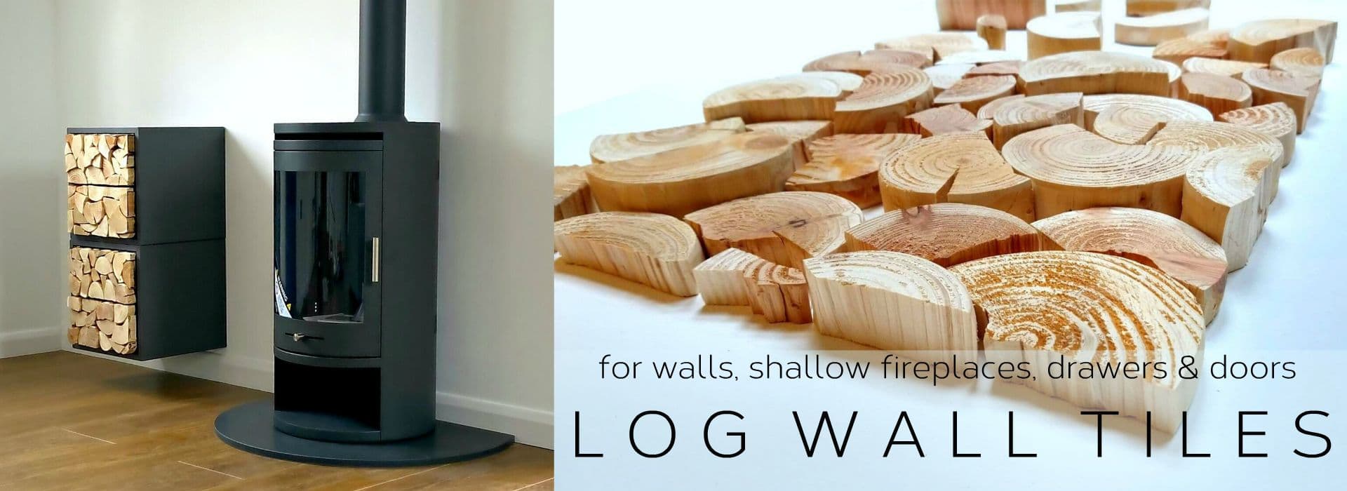 Log Wall Tiles from The Log Basket to disguise drawer fronts or doors, for shallow fireplaces and fireplace covers