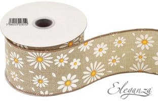 0 28552 Eleganza Wired Edge Ribbon White Daisies on Natural 63mm