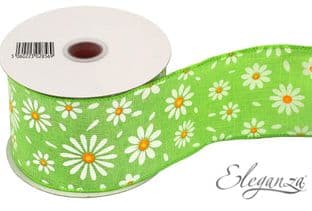 0 28569 Eleganza Wired Edge Ribbon White Daisies on Green