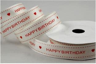 55113 - 16mm Cream & Red Grosgrain Happy Birthday Printed Ribbon x 10 Metre Rolls!