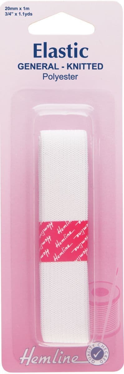 H620.20 General Purpose Knitted Elastic: White - 1m x 20mm