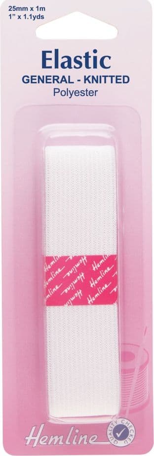 H620.25 General Purpose Knitted Elastic: White - 1m x 25mm