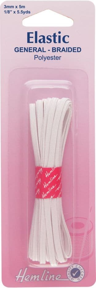 H620.32 General Purpose Braided Elastic: White - 5m x 3mm