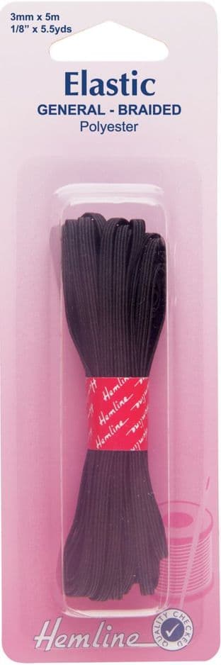 H621.3 General Purpose Knitted Elastic: Black - 5m x 3mm