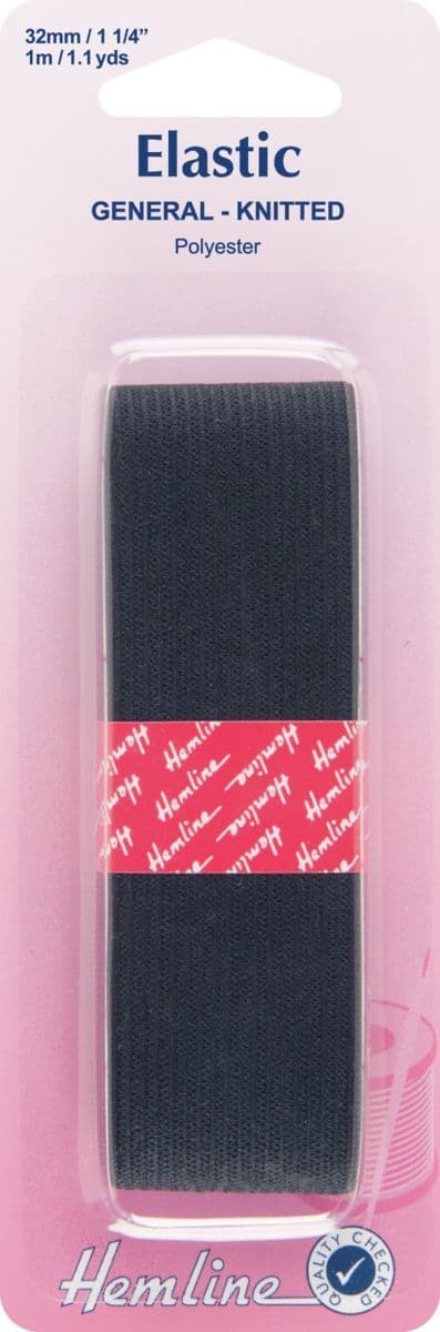 H621.32 General Purpose Knitted Elastic: Black - 1m x 32mm
