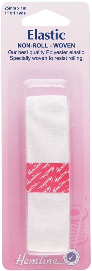 H630.25 Woven Non Roll Elastic: White - 1m x 25mm