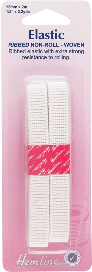 H635.12 Non-Roll Ribbed Elastic: White - 2m x 12mm