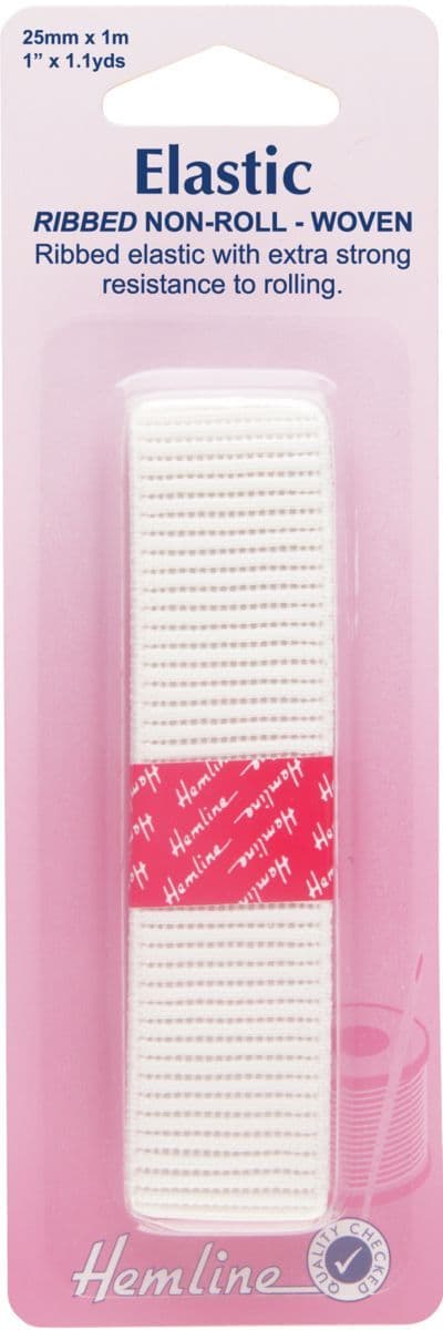 H635.25 Non-Roll Ribbed Elastic: White - 1m x 25mm