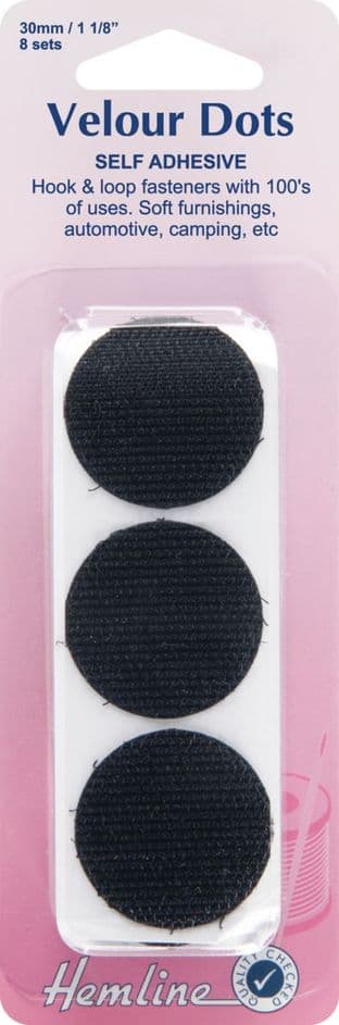 H666.30 Hook & Loop Dots: Stick-On: 8 sets of 30mm: Black