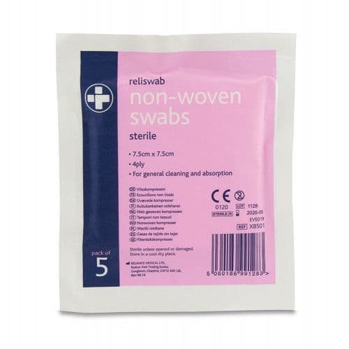 Reliswab Swabs Non-Woven Sterile 7.5 x 7.5cm Pk 5
